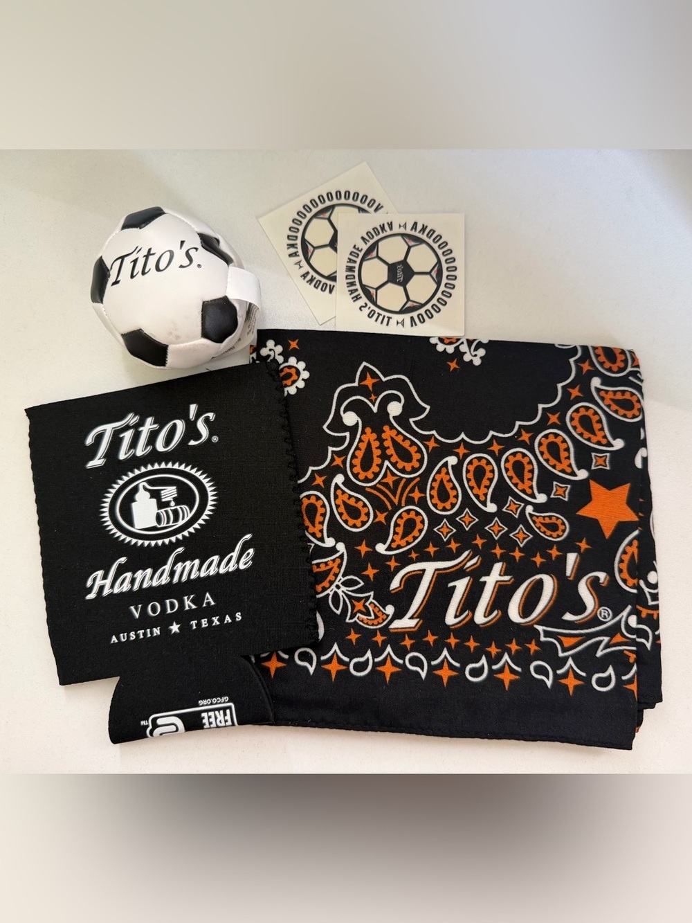 Tito's Black Can Cooler Koozie, Bandana, & Fidget Stress Ball